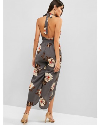 Floral Print Backless Belted Overlap Jumpsuit - Light Slate Gray S