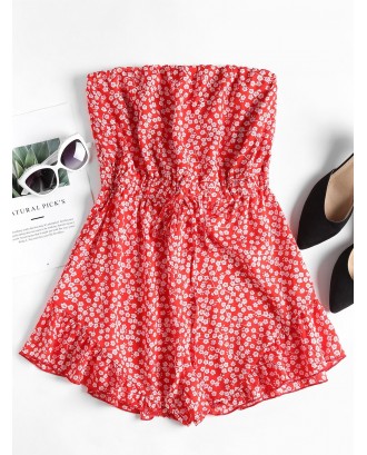 Ruffles Floral Strapless Romper - Fire Engine Red S