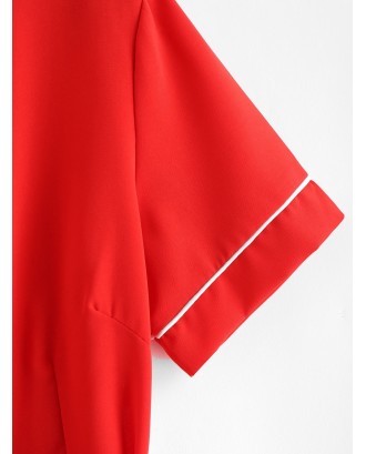 Contrast Short Sleeve Belted Romper - Red S