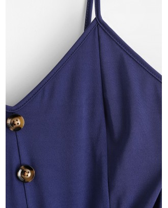 Buttons Belted Wide Leg Cami Jumpsuit - Deep Blue L