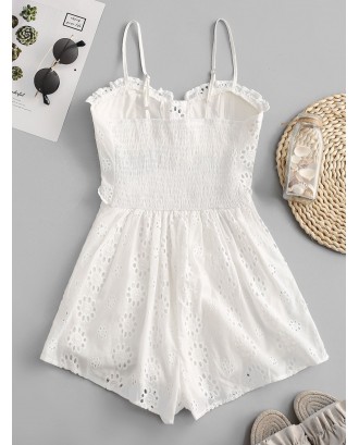 Lace-up Broderie Anglaise Cami Romper - White M