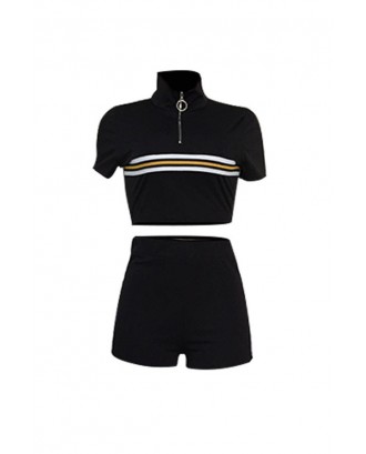 Lovely Sportswear Half A Turtleneck Pinstripe  Black Two-piece Shorts Set