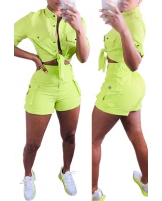 Lovely Casual Buttons Design Green Two-piece Shorts Set