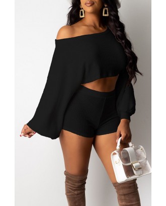 Lovely Casual Dew Shoulder Black Two-piece Shorts Set