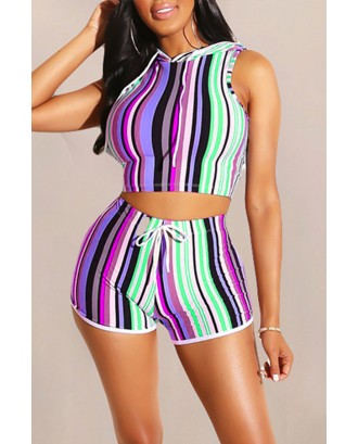 Lovely Casual Striped Purple Two-piece Shorts Set