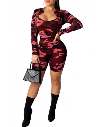 Lovely Casual Camouflage Printed Red Two-piece Shorts Set