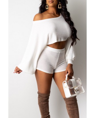 Lovely Casual Dew Shoulder White Two-piece Shorts Set