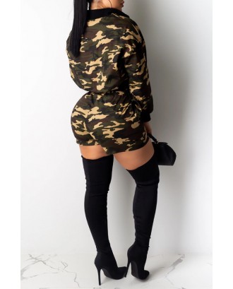 Lovely Casual Mandarin Collar Camouflage Printed Two-piece Shorts Set