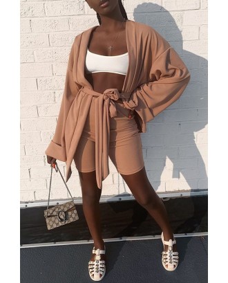 Lovely Casual Lace-up Caramel Color Two-piece Shorts Set
