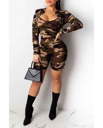 Lovely Casual Camouflage Printed Army Green Two-piece Shorts Set