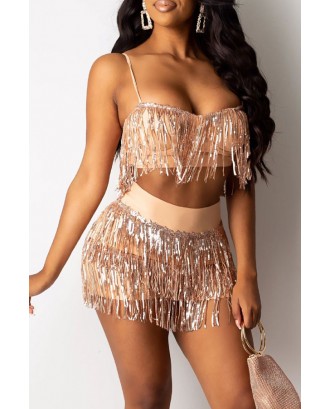 Lovely Beautiful Tassel Design Apricot Two-piece Shorts Set