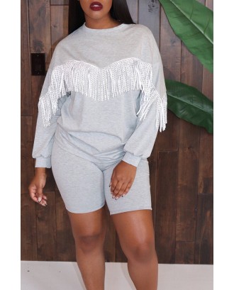 Lovely Casual Tassel Design Grey Two-piece Shorts Set