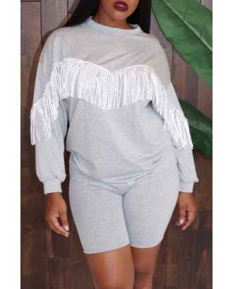 Lovely Casual Tassel Design Grey Two-piece Shorts Set