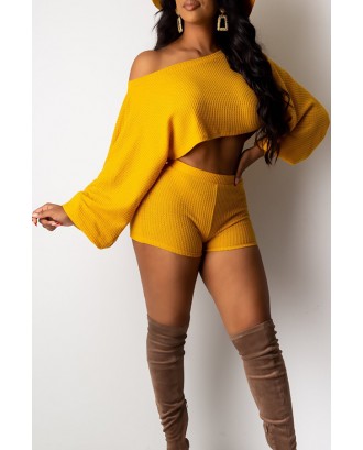 Lovely Casual Dew Shoulder Yellow Two-piece Shorts Set