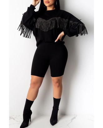 Lovely Casual Tassel Design Black Two-piece Shorts Set