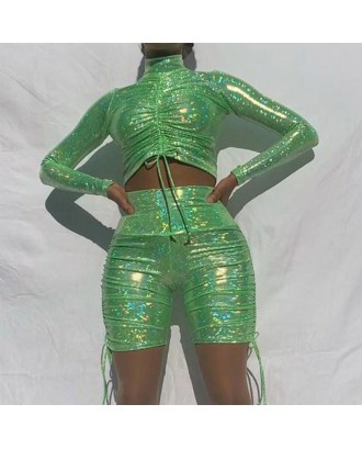 Lovely Beautiful Ruffle Design Green Two-piece Shorts Set