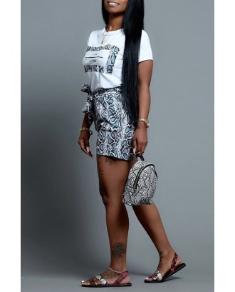 Lovely Casual O Neck Snakeskin Pattern Printed Black Two-piece Shorts Set