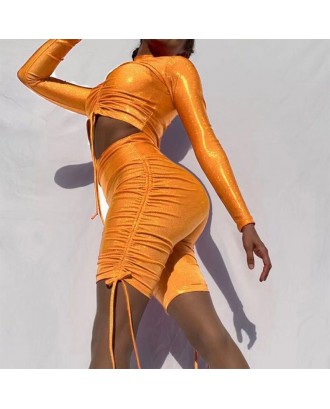 Lovely Beautiful Ruffle Design Orange Two-piece Shorts Set