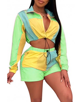 Lovely Casual Color-lump Patchwork Green Two-piece Shorts Set