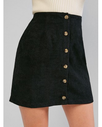  Corduroy Button Fly High Rise Skirt - Black M