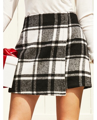  Wool Blend Overlap Plaid Mini Skirt - Black S