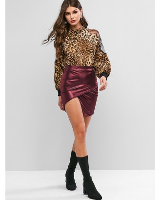 Faux Leather Tight Asymmetrical Skirt - Red Wine L