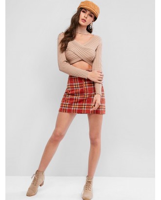  Plaid Corduroy Pull Ring Zip Mini Skirt - Chestnut Red S