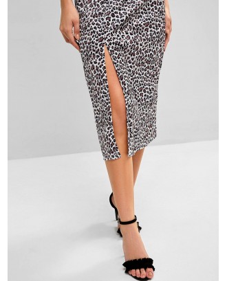 Leopard Side Slit Velvet Skirt - Multi-a Xl