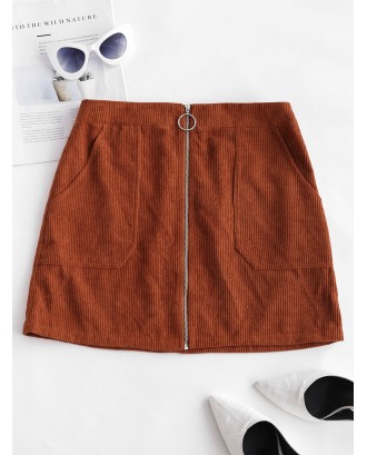  Zip Up Pockets Corduroy Mini Skirt - Caramel M