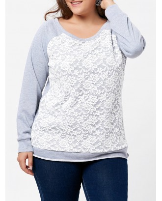 Plus Size Lace Panel Raglan Sleeve Pullover Sweatshirt - Gray Xl