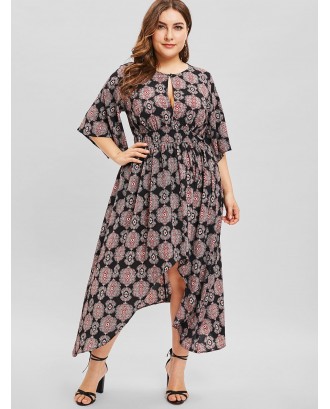  Split Sleeve High Low Plus Size Print Dress - Black 2x
