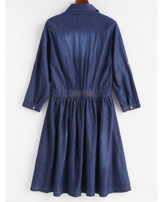 Plus Size Snap Button Chambray Flare Dress - Denim Dark Blue 4x