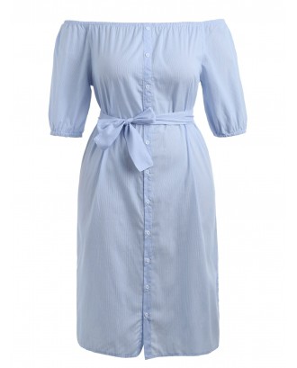 Plus Size Striped Belted Dress - Light Blue 2xl