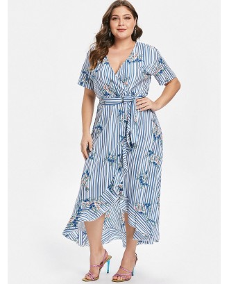 Plus Size Striped Ruffled Long Dress - Light Sky Blue 3x