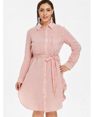  Plus Size Striped Shirt Dress With Belt - Multi 4x