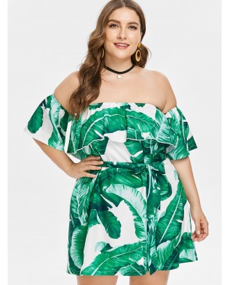 Plus Size Off Shoulder Leaves Dress - Green 4x