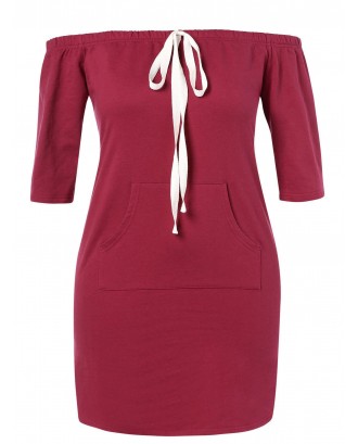  Plus Size Off Shoulder Pocket Dress - Red Wine 1x