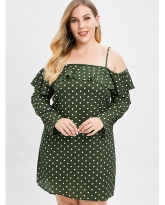  Polka Dot Plus Size Ruffled Dress - Dark Forest Green 1x