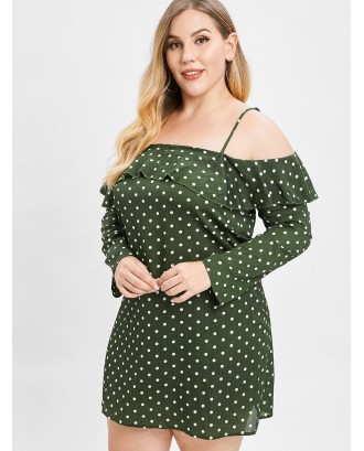  Polka Dot Plus Size Ruffled Dress - Dark Forest Green 1x
