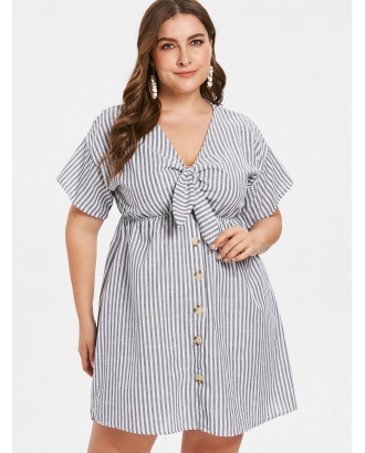 Plus Size Striped Tied Drop Shoulder Dress - Gray 1x