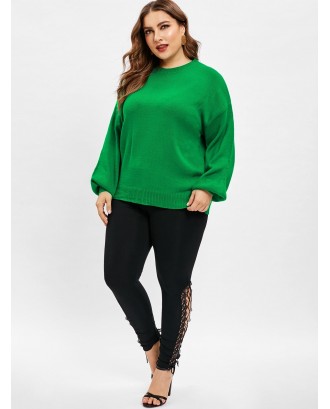 Plus Size Plain Lantern Sleeve Sweater - Clover Green