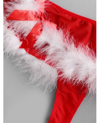 Feather Trim Christmas Hat And Bra Set - Red M