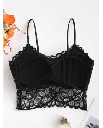 Floral Lace Padded Strappy Bralette - Black