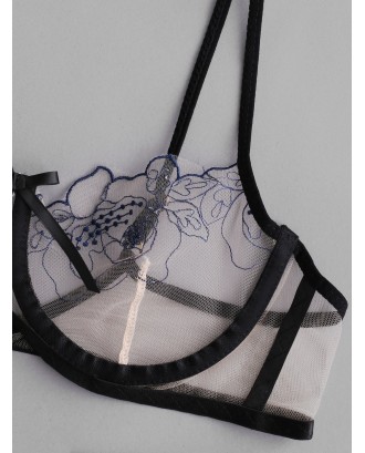 Floral Lace Underwire Garter Lingerie Set - Black S