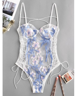 Flower Print Embroidered Lace Up Mesh Teddy - White L
