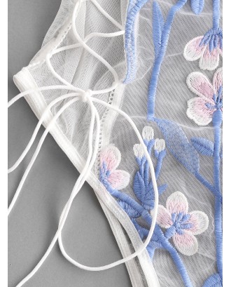 Flower Print Embroidered Lace Up Mesh Teddy - White L