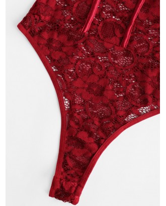 Piping Floral Lace Teddy - Red Wine S