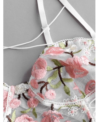 Flower Embroidered Lace Up Mesh Teddy - Multi-a M