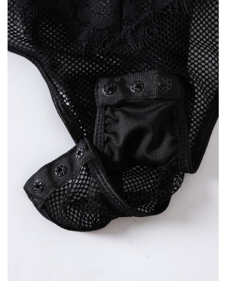 Sheer Fishnet Lace Lingerie Teddy Bodysuit - Black M