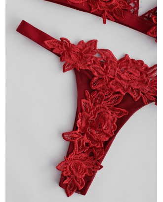 Flower Embroidered Bralette Mesh Insert Lingerie Set - Red Wine S